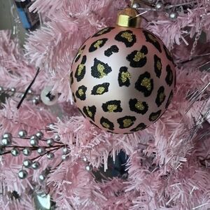 Leopard Print Christmas Ornament Pink/Gold 6 Set NEW